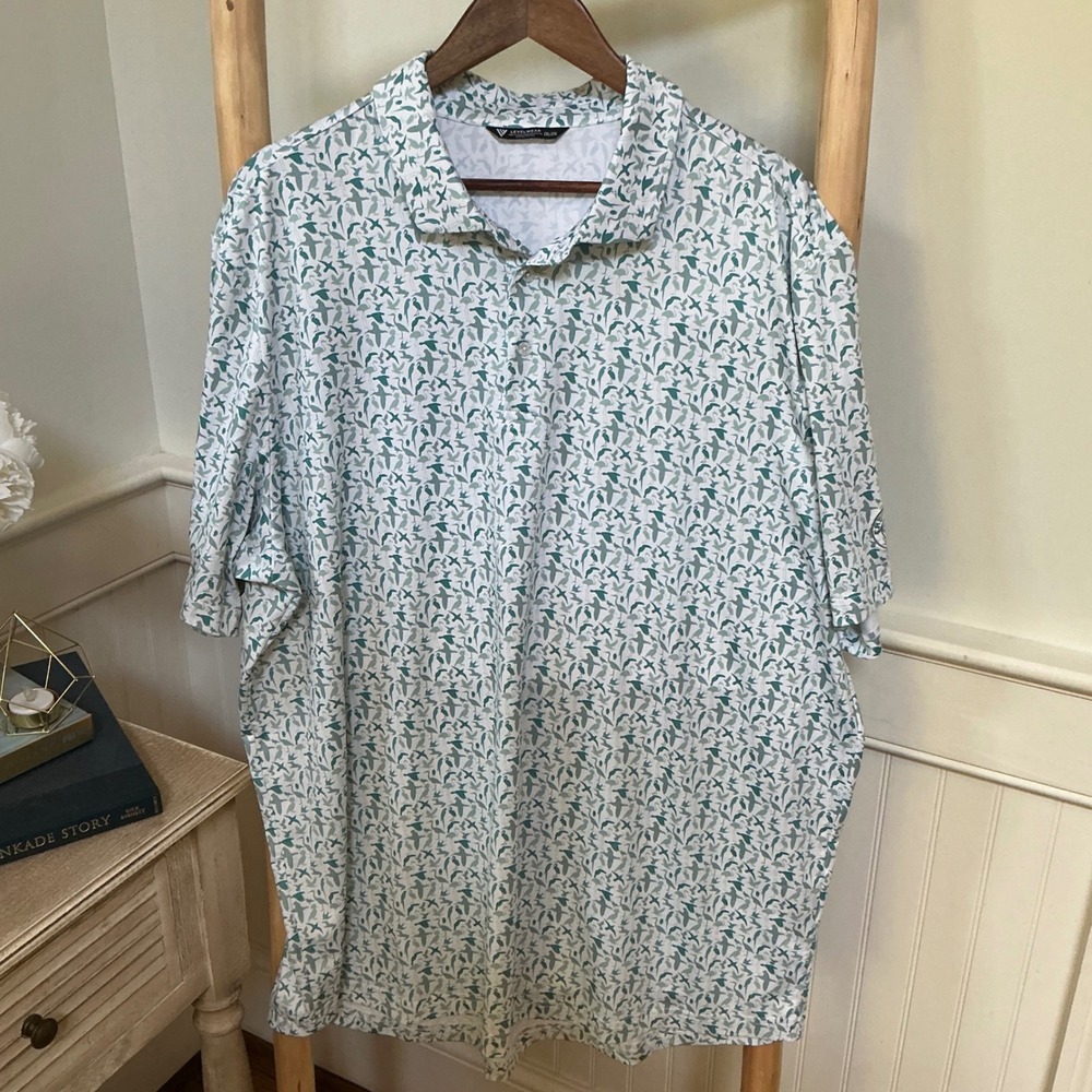 Levelwear Mens 2XL Performance Golf Polo Shirt Bird Print Teal White Stretch
